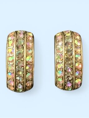 Heidi Daus Gold-Tone Aurora Borealis Crystal Half Hoop Earrings NIB